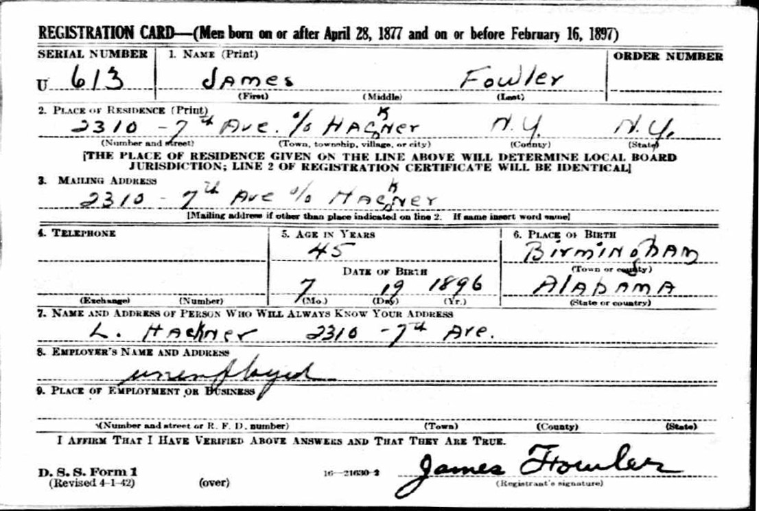 James Fowler WWII Draft Registration Card, 1942